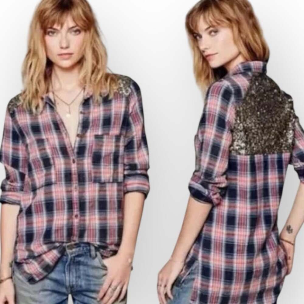 Free People Little Bit Of Sugar Sequin Flannel Plaid Shirt Size small Oversized